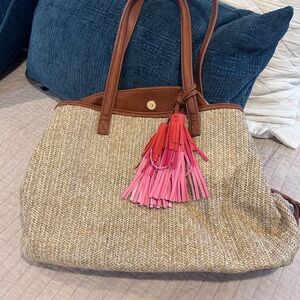 Stylish Tan and Brown Tote Bag with Pink Tassel